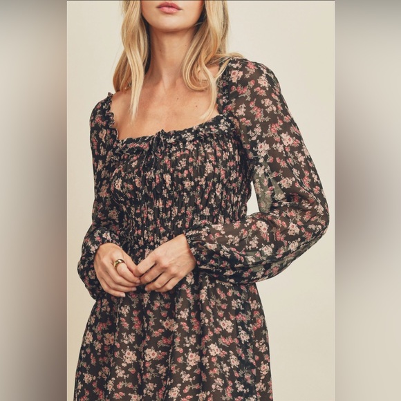 Floral Shirred Long Sleeve Mini Dress - Picture 3 of 8